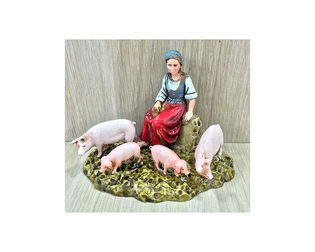 Pastori tipo legno 30 cm Donna con maiali statuina presepe
