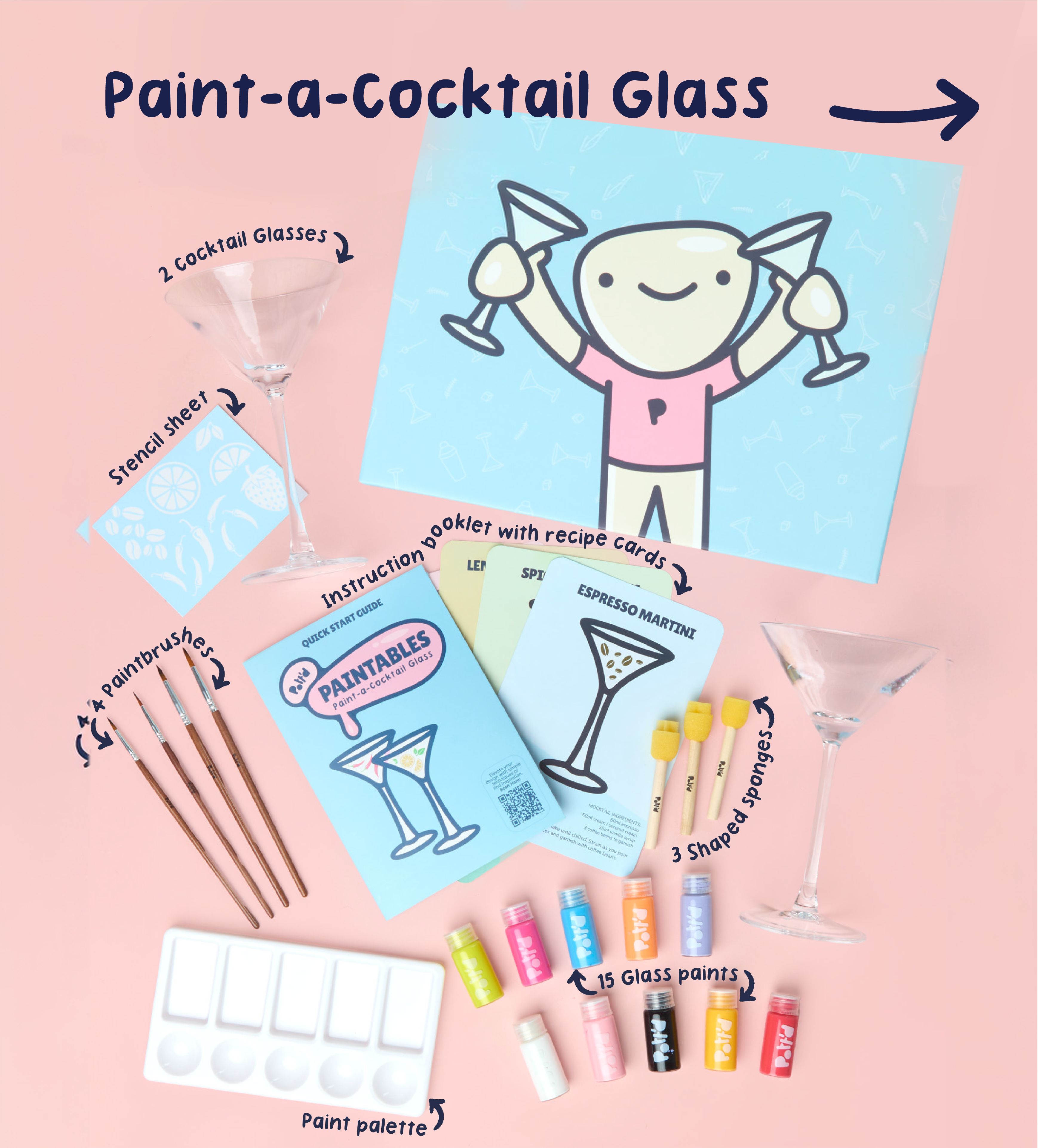 Pott'd Bundles Cocktail & Wine set pittura 4 bicchieri vetro
